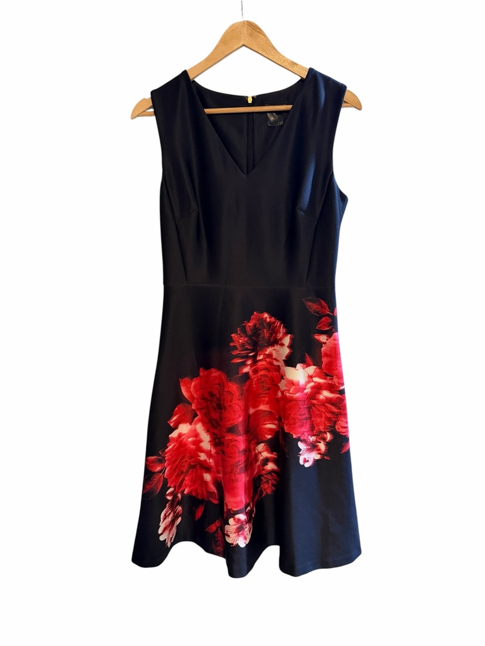 Donna Karan Black V-Neck Mini Dress with Red Floral Skirt - Picture 3 of 9